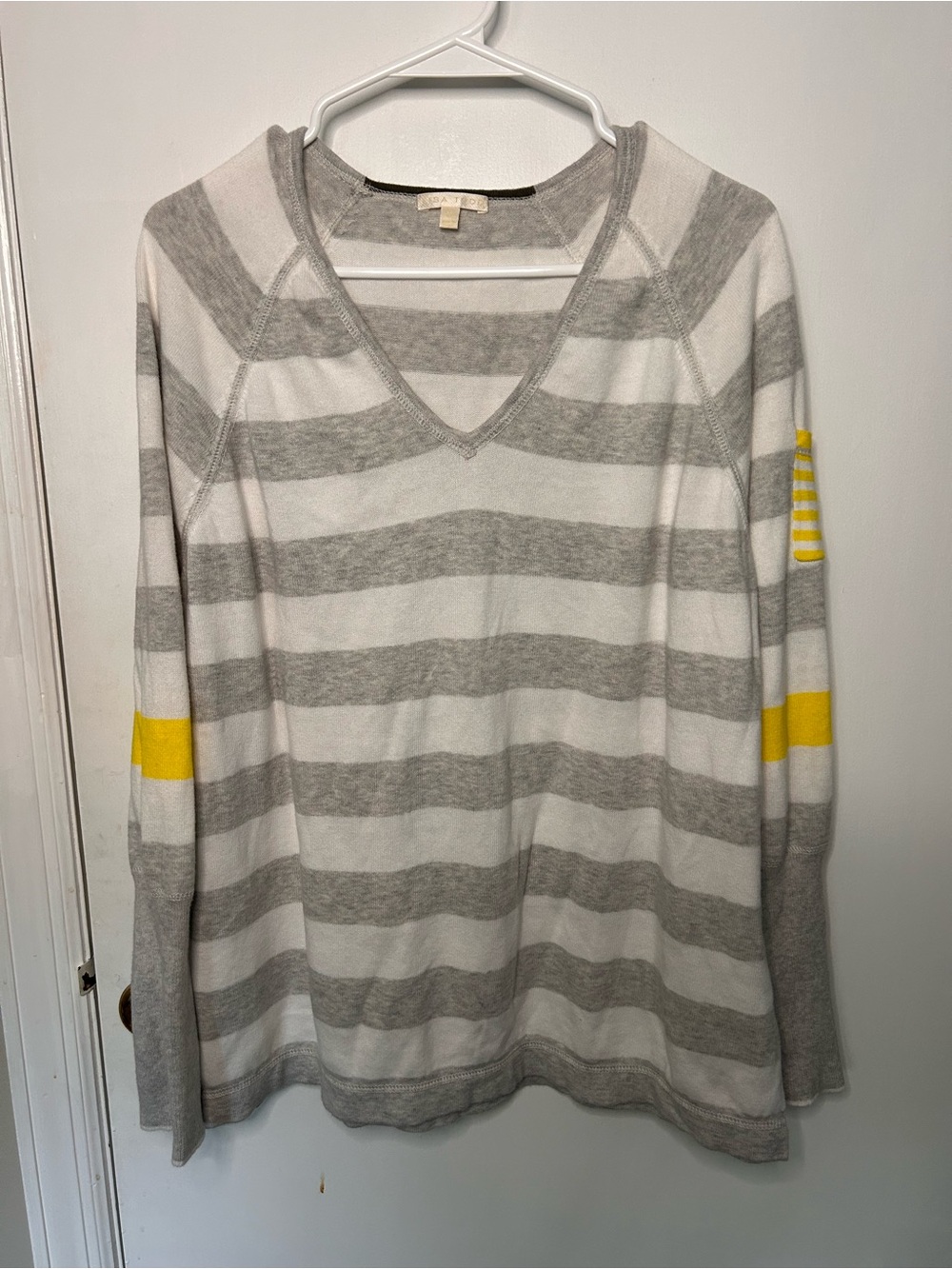 LISA TODD GRAY AND WHITE STRIPED SWEATER WITH YELLOW ACCENTS SIZE MEDIUM